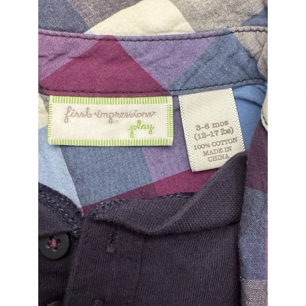 Boys‎ Shirt Baby Infant Plaid Long Sleeve Snap Up with Henley 3-6 mos. Blue